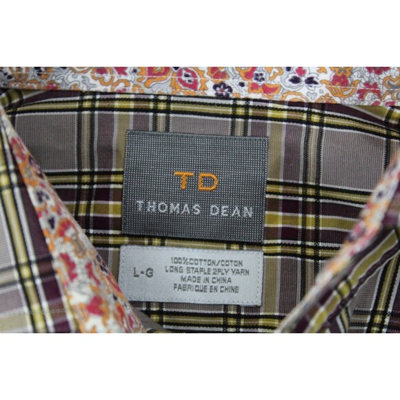 Thomas Dean Men's size L L/S Button-Front purple yellow Plaid Flip Cuff paisley - Picture 5 of 8